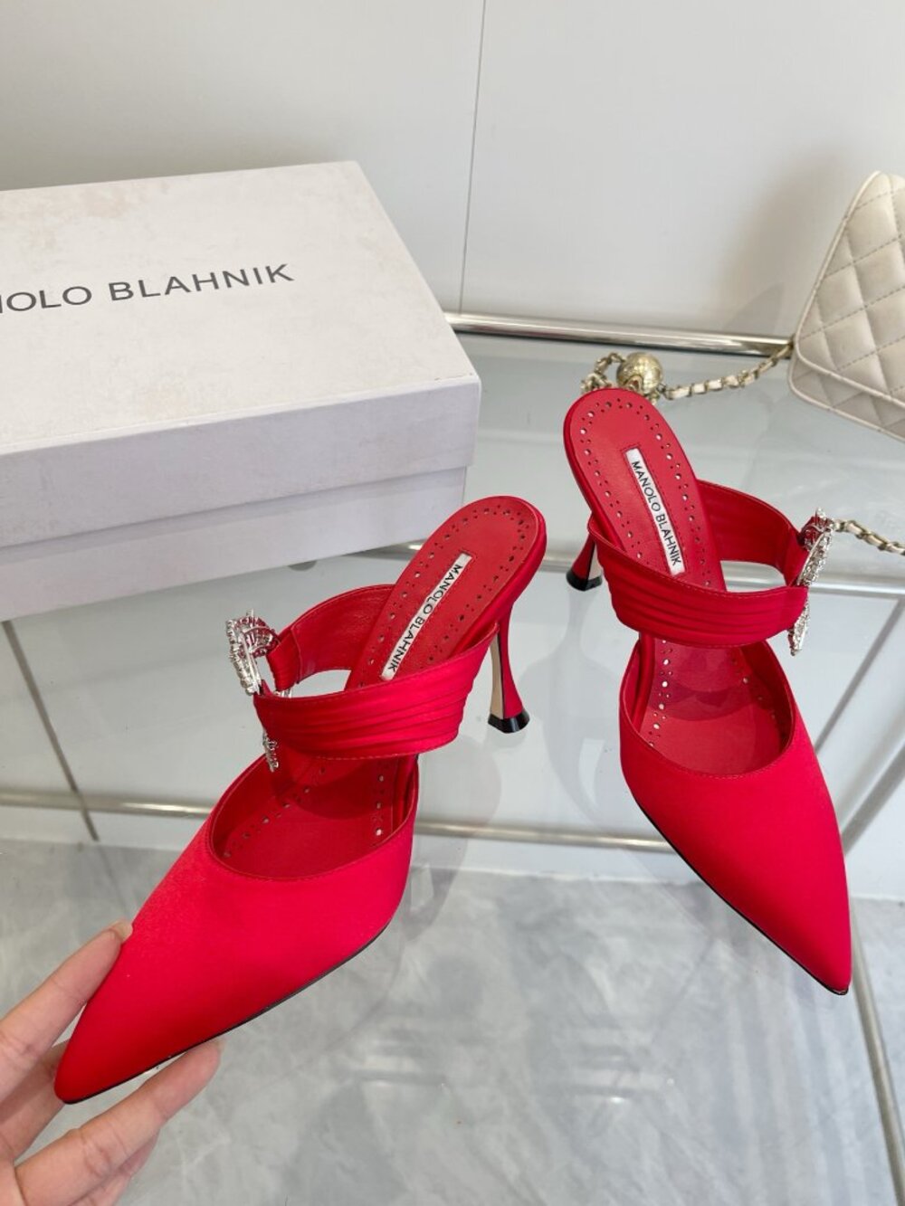 Manolo Blahnik Crystal Embellished Red Satin Pointed-Toe Mules - Picture 5 of 10